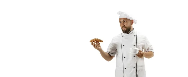 Kookplaat, chef-kok, bakker in uniform geïsoleerd op witte achtergrond, gastronomisch. — Stockfoto