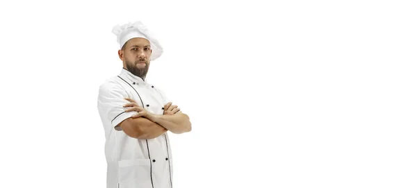 Fogão, chef, padeiro em uniforme isolado sobre fundo branco, gourmet. — Fotografia de Stock
