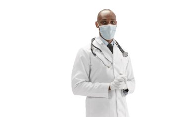 Beyaz arka planda izole edilmiş Afro-Amerikalı doktor, profesyonel meslek