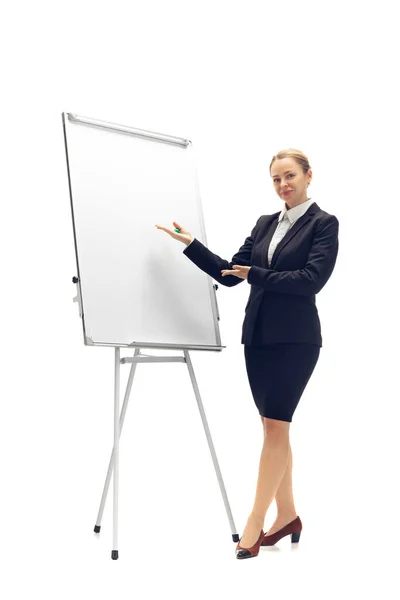 Young woman, accountant, booker in office suit isolated on white studio background — Stock Photo, Image