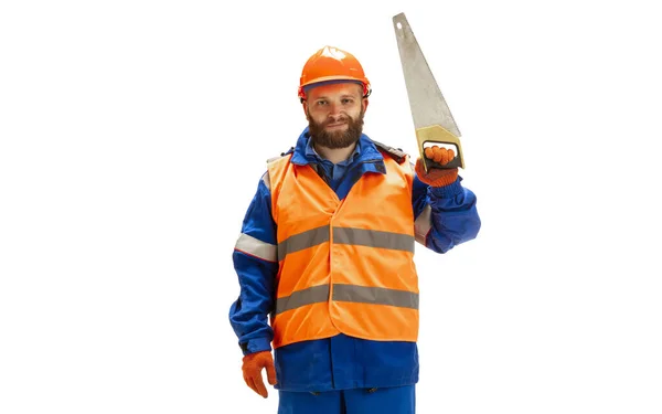 Handsome contractor, builder isolated over white studio background — Stock Photo, Image