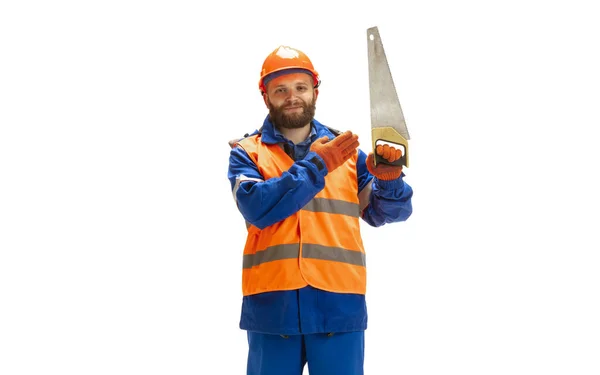 Handsome contractor, builder isolated over white studio background — Stock Photo, Image