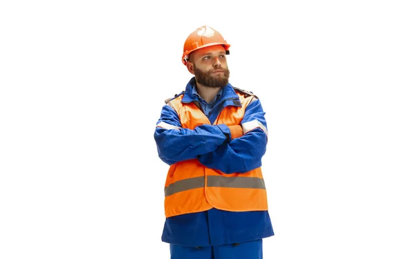 Handsome contractor, builder isolated over white studio background — Stock Photo, Image