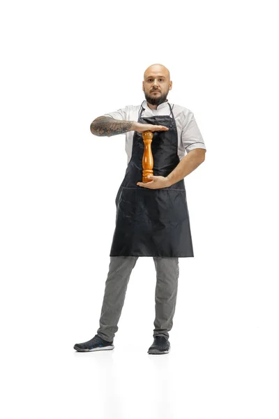 Portret kucharza, rzeźnika odizolowanego na białym tle pracowni — Zdjęcie stockowe