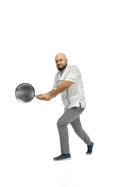 Retrato de un cocinero varón, carnicero aislado sobre un fondo blanco de estudio — Foto de Stock