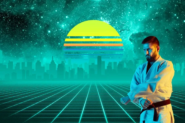 Synth wave and retro wave, vaporwave futuristic estetics. Sportovec v zářícím neonovém stylu. — Stock fotografie