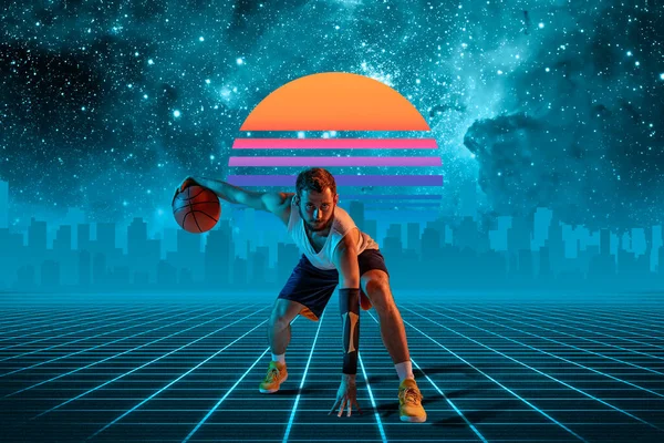 Synth wave and retro wave, vaporwave futuristic aesthetics. Sportsman in glowing neon style.