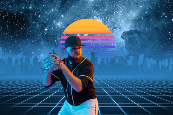 Synth wave en retro wave, vaporwave futuristische esthetiek. Sportman in gloeiende neon stijl. — Stockfoto