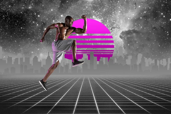 Onde synthé et onde rétro, esthétique futuriste des ondes de vapeur. Sportsman dans le style néon lumineux. — Photo