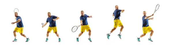 젊은 코카서스 전문 스포츠 선수 흰색 배경에서 테니스, 콜라주, 근육에 맞은 공의 움직임 — 스톡 사진