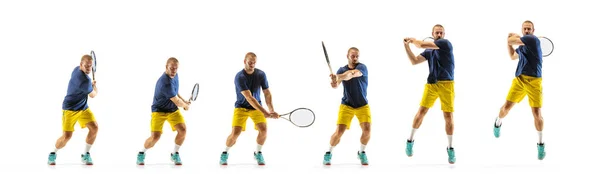 Beyaz arka planda tenis oynayan beyaz tenli genç beyaz sporcu, kolaj, dismanik topların hareketi — Stok fotoğraf