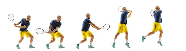 Young caucasian professional sportsman playing tennis on white background, collage, motion of balls hit in dymanic — Stock Photo, Image