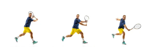 Young caucasian professional sportsman playing tennis on white background, collage, motion of balls hit in dymanic — Stock Photo, Image