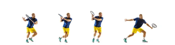 Ung kaukasisk professionell idrottsman spelar tennis på vit bakgrund, collage, rörelse bollar slog i dymanska — Stockfoto