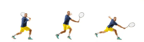 Young caucasian professional sportsman playing tennis on white background, collage, motion of balls hit in dymanic — Stock Photo, Image