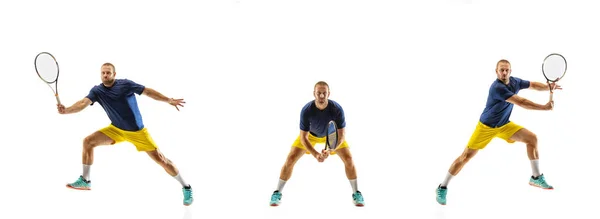 Young caucasian professional sportsman playing tennis on white background, collage, motion of balls hit in dymanic — Stock Photo, Image