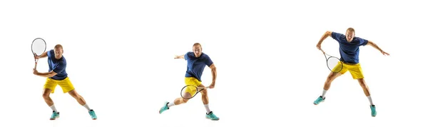 Jovem esportista profissional caucasiano jogando tênis no fundo branco, colagem, movimento de bolas atingidas em dymanic — Fotografia de Stock