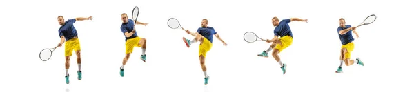 Junger kaukasischer Profisportler spielt Tennis auf weißem Hintergrund, Collage, Bewegung von Bällen, die in dymanischer Weise getroffen werden — Stockfoto