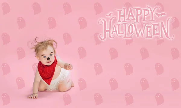 Little girl as vampire on white background, halloween time, flyer with copyspace — Stock Photo, Image