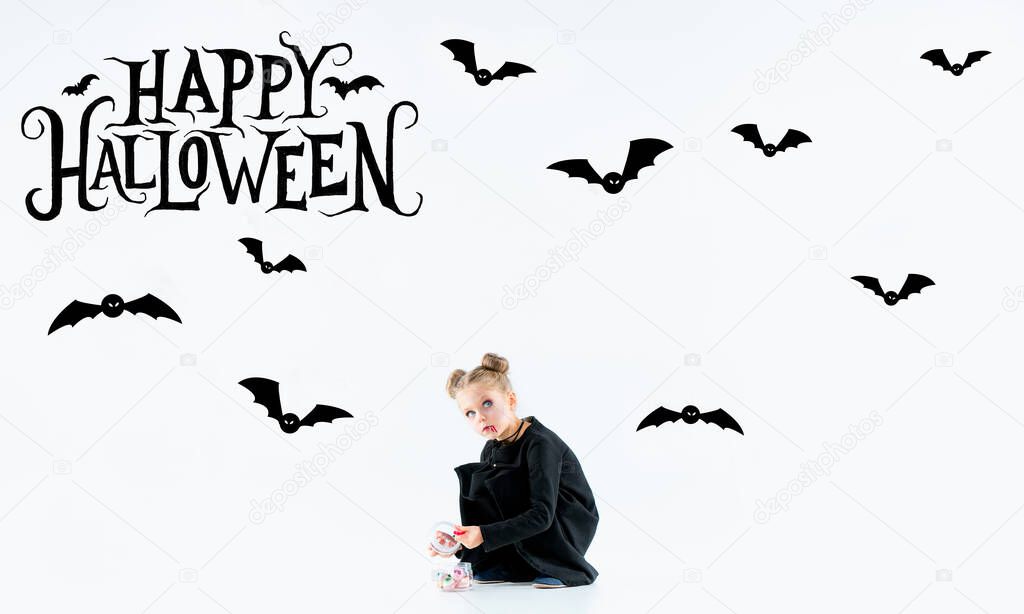 Little girl as vampire on white background, halloween time, flyer with copyspace