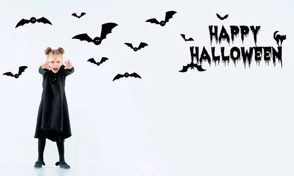 Little girl as vampire on white background, halloween time, flyer with copyspace — Stock Photo, Image