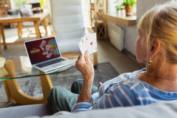 Senior woman studying at home, getting online courses — Stock Photo, Image