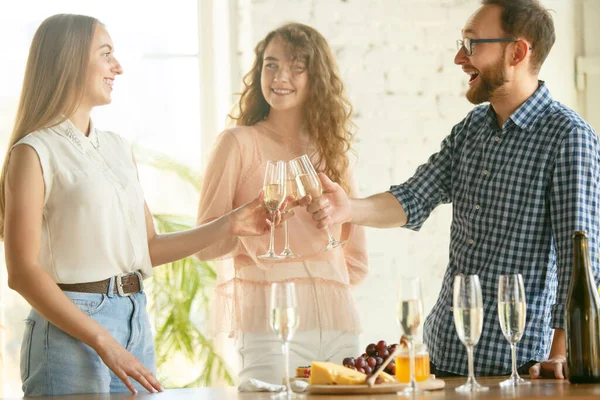 Gente tintineando vasos con vino o champán. Felices amigos alegres celebran las fiestas, reunión. Primer plano de amigos sonrientes, estilo de vida — Foto de Stock