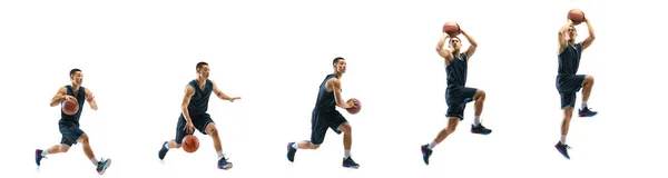 Fiatal kosárlabda játékos fehér stúdió háttér mozgásban lépésről lépésre cél — Stock Fotó