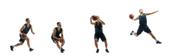 Jovem jogador de basquete contra o fundo do estúdio branco em movimento de meta passo-a-passo — Fotografia de Stock