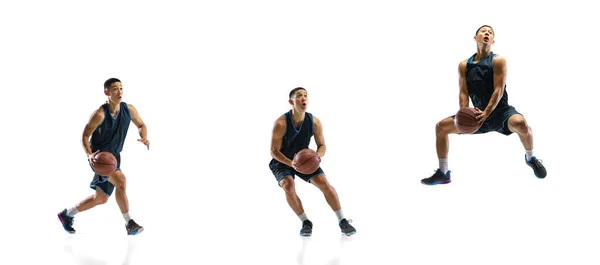 Jovem jogador de basquete contra o fundo do estúdio branco em movimento de meta passo-a-passo — Fotografia de Stock