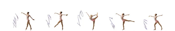 白いスタジオの背景に孤立した小さな柔軟な女の子。明るいレオタードの小さな女性のリズミカルな体操アーティスト — ストック写真