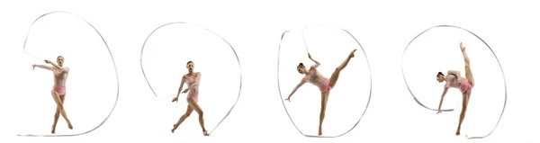Klein flexibel meisje geïsoleerd op witte studio achtergrond. Weinig vrouwelijke ritmische gymnastiek kunstenaar in heldere maillot — Stockfoto