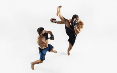 Beyaz stüdyo arka planında izole edilmiş iki profesyonel MMA dövüşçüsü, dinamik ve hareketli. Üst görünüm
