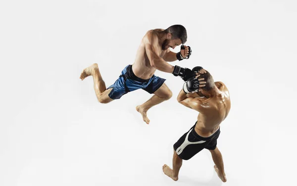 Dois lutadores profissionais de MMA boxe isolado em fundo de estúdio branco, dinâmica e movimento. Vista superior — Fotografia de Stock