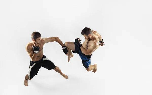 Δύο επαγγελματίες μαχητές MMA πυγμαχίας απομονώνονται σε λευκό φόντο στούντιο, δυναμική και κίνηση. Άνω όψη — Φωτογραφία Αρχείου