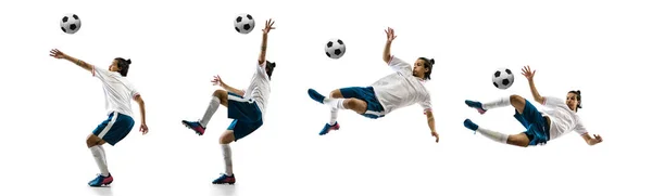 Confident football player in motion and action isolated on white background, kicking ball in dynamic — Stock Photo, Image