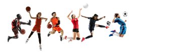 Beyaz arka planda izole edilmiş profesyonel sporcu ya da oyuncuların spor kolajı