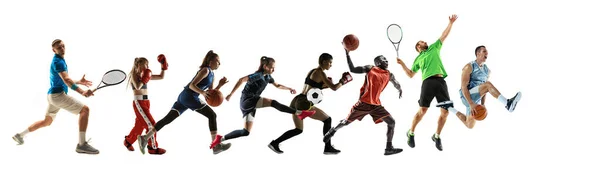 Collage deportivo de atletas profesionales o jugadores aislados sobre fondo blanco, volante —  Fotos de Stock