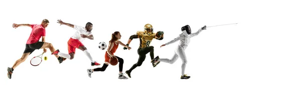 Спортивний колаж професійних спортсменів або гравців, ізольованих на білому тлі, флаєр — стокове фото