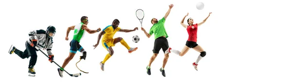 Collage sportivo di atleti professionisti o giocatori isolati su sfondo bianco, volantino — Foto Stock