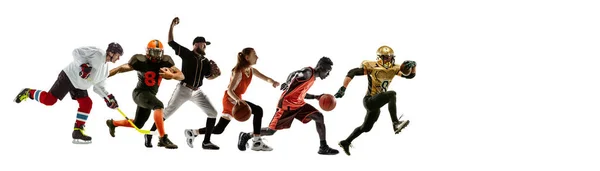 Спортивный коллаж профессиональных спортсменов или игроков, изолированных на белом фоне, флаер — стоковое фото