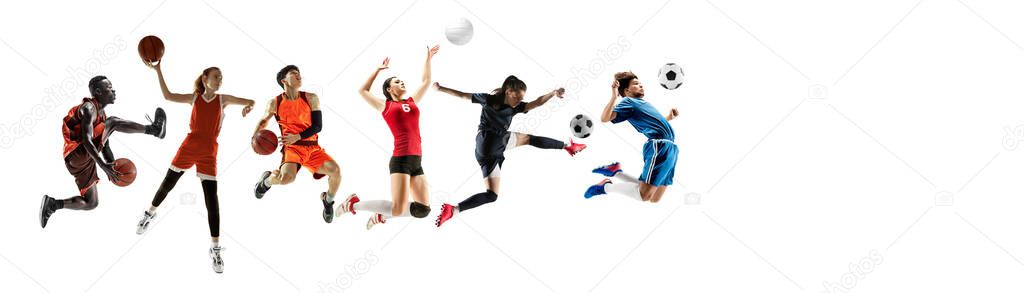 Sport collage of professional athletes or players isolated on white background, flyer