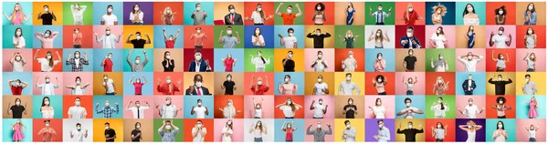 El collage de personas sorprendidas con máscaras protectoras en un fondo multicolor —  Fotos de Stock
