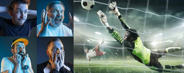 Amigos emocionales o fans viendo fútbol, partido de fútbol en la televisión, se ven emocionados. Apoyo a los aficionados, campeonato, concepto de competición. Collage. — Foto de Stock