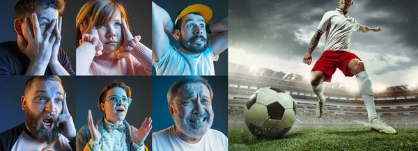 Amigos emocionales o fans viendo fútbol, partido de fútbol en la televisión, se ven emocionados. Apoyo a los aficionados, campeonato, concepto de competición. Collage. — Foto de Stock