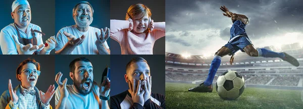 Amigos emocionales o fans viendo fútbol, partido de fútbol en la televisión, se ven emocionados. Apoyo a los aficionados, campeonato, concepto de competición. Collage. — Foto de Stock