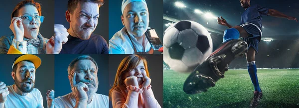 Amigos emocionales o fans viendo fútbol, partido de fútbol en la televisión, se ven emocionados. Apoyo a los aficionados, campeonato, concepto de competición. Collage. — Foto de Stock