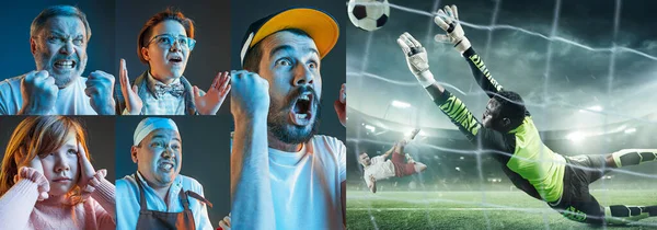 Amigos emocionales o fans viendo fútbol, partido de fútbol en la televisión, se ven emocionados. Apoyo a los aficionados, campeonato, concepto de competición. Collage. —  Fotos de Stock