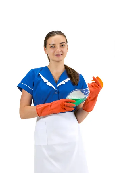 Porträtt av kvinnliga, rengöring arbetare i vit och blå uniform isolerad över vit bakgrund — Stockfoto