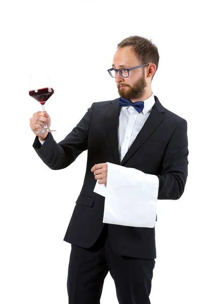 Retrato de sommelier masculino en traje aislado sobre fondo blanco — Foto de Stock